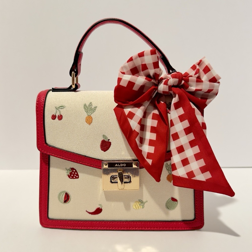 ALDO Fruit Print Crossbody Satchel Bag Red Cream Detachable Strap Small Purse